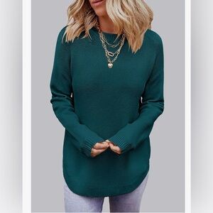 Merokeety Textured Waffle Knit Crew Neck Sweater, Teal, Size L